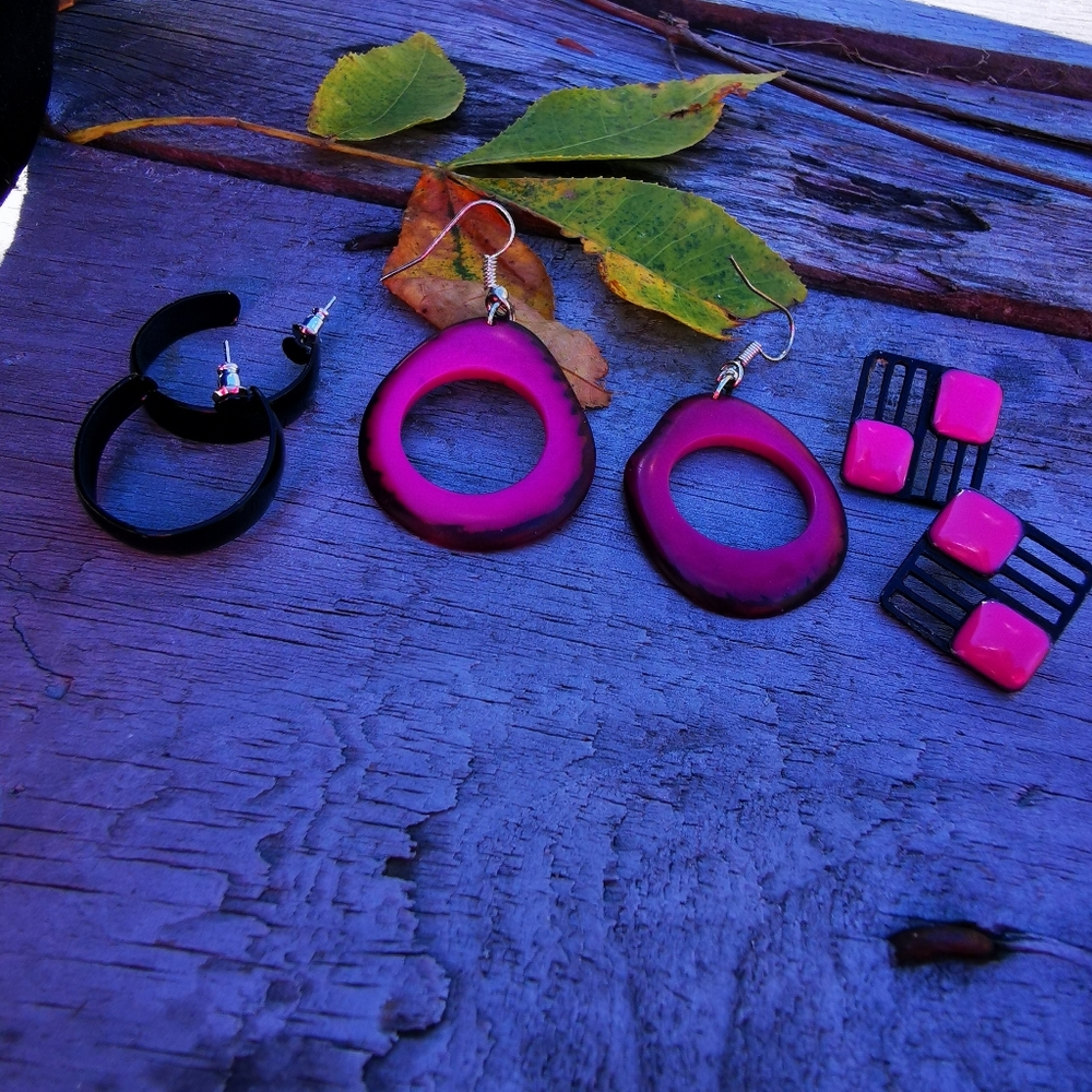 Vintage 80s Pink and Black Trio of Pierced Earrings